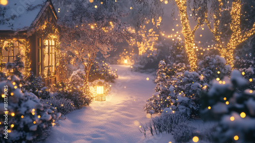 Snow-covered garden with small glowing lanterns, golden string lights wrapped around trees, and a warm glow spilling from nearby windows. 
