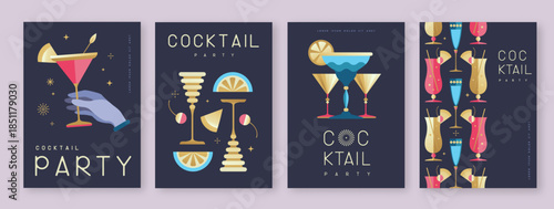 Set of holiday cocktail party posters with cocktail and champagne glasses. Restaurant menu design. Vector illustration