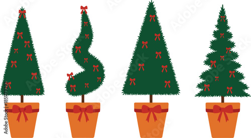A charming vector collection of four stylized green topiary Christmas trees in orange pots, uniformly decorated with small red bows, perfect for simple and elegant holiday design projects.