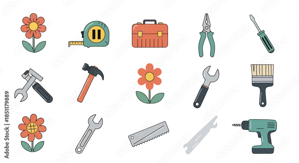 Obraz premium Set of various tools and flowers in flat vector style