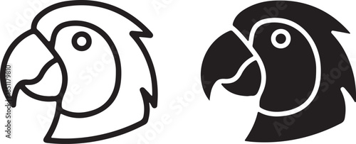 Minimalist Parrot Head Icon Set Outline and Solid Silhouette Tropical Bird Vector Graphics