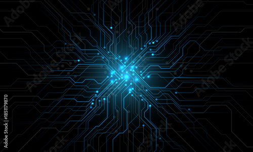 Abstract blue circuit board technology connected lines electronics elements computer motherboard chip processor semiconductor digital on black background vector