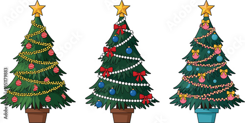 A cheerful vector illustration showcasing three cartoon-style Christmas trees fully decorated with colorful holiday ornaments, golden stars, and festive ribbons, perfect for seasonal graphics.