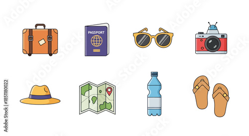 Travel essentials collection suitcase passport sunglasses camera map hat water bottle and sandals