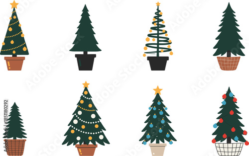 A versatile, modern vector collection featuring eight stylized Christmas and holiday trees in various pots and baskets, decorated with lights and star toppers, perfect for winter projects.