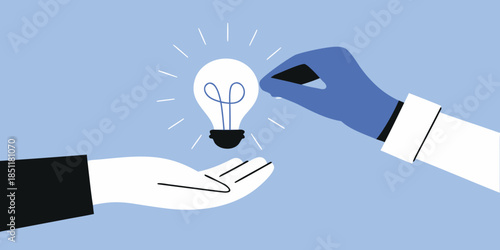 Sharing a bright idea hands exchanging a glowing light bulb concept