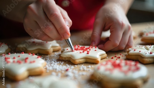 Female baker decorating star-shaped cookies with icing and red sprinkles on wooden table, showcasing culinary skills and festive baking creativity