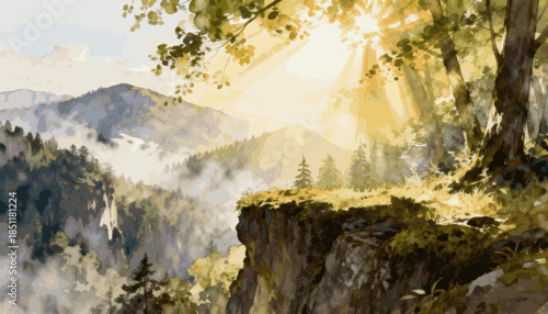 Cool Foggy Mountain Misty Cliff isolated watercolor vector illustration svg