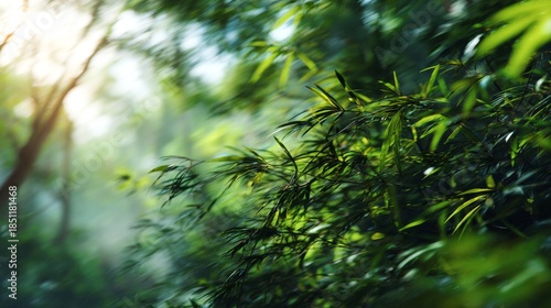 Sundrenched bamboo leaves in serene forest mist with natures calm.