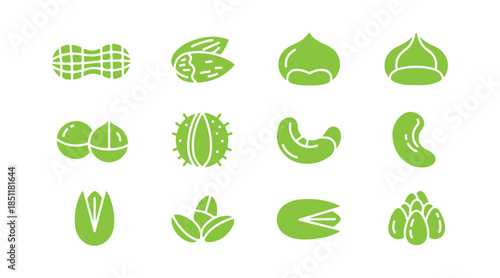 Flat glyph icons showcasing various nuts. You’ll find peanut, almond, chestnut, macadamia, cashew, pistachio, and pine seeds in this set. Great for a health food shop!