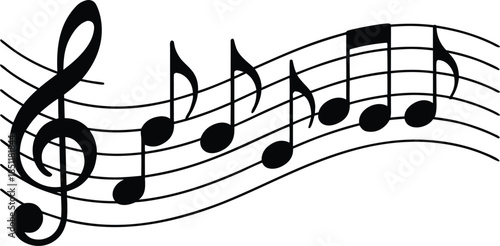 a black and white illustration depicts a musical staff with a treble clef and several notes arranged on it