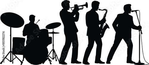 a silhouetted jazz ensemble performs live on stage featuring a drummer saxophonist trumpeter and vocalist with microphones