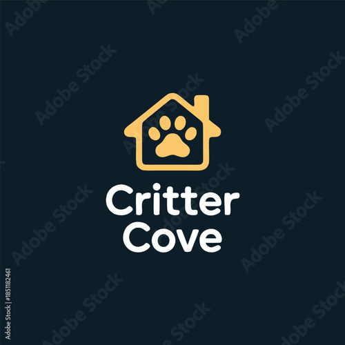 Critter cove logo design featuring paw print inside house icon for pet care or veterinary business