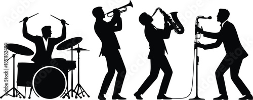 a silhouetted jazz band performs with a drummer trumpet player saxophonist and vocalist on stage creating dynamic music