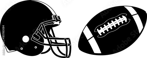 American Football Helmet and Ball Silhouette Icon Set