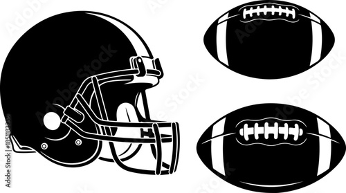 American Football Helmet and Ball Silhouette Icon Set