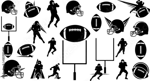 American Football Helmet and Ball Silhouette Icon Set