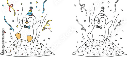 A joyful cartoon penguin wearing a 2026 party hat and bow tie, sitting happily on a sparkling pile of glitter amidst falling confetti and streamers Perfect for New Year celebrations.