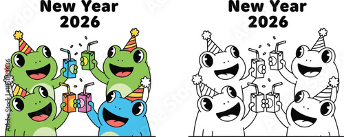 Frogs Celebrating New Year 2026 with Juice Boxes Fun Party Cartoon