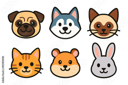 Cute animal faces in a flat cartoon style featuring pets and wildlife