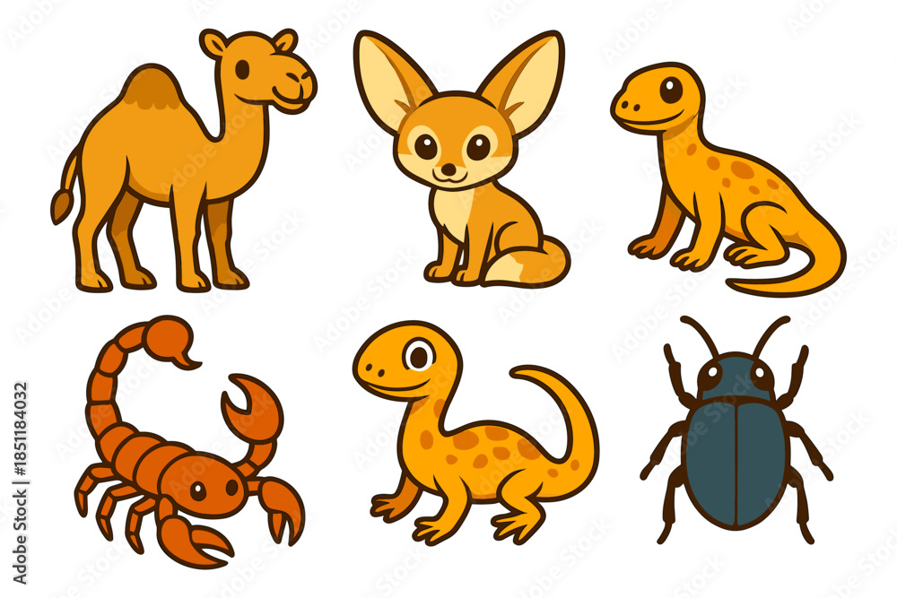 Naklejka premium Cute desert animals collection: camel, fennec fox, gecko, scorpion, beetle in cartoon style