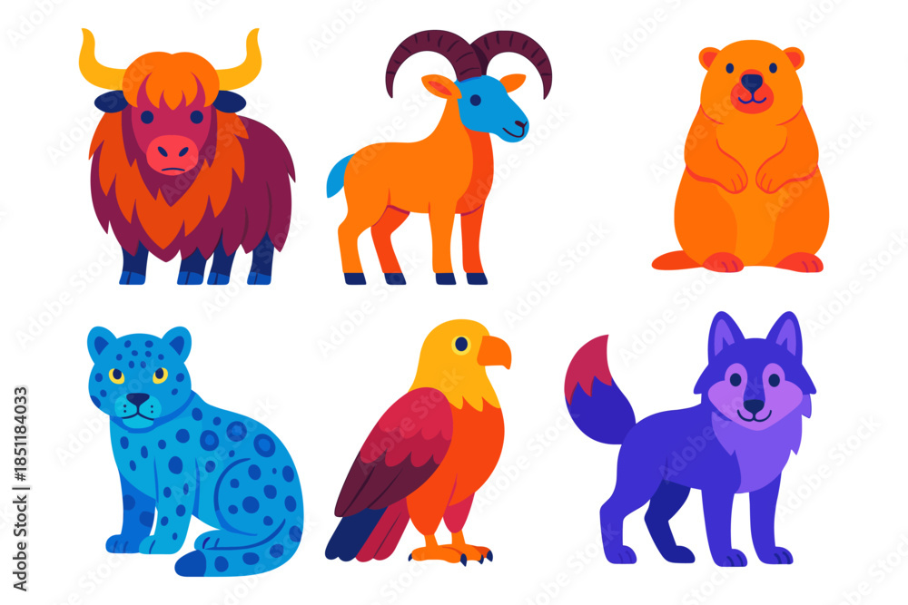 Naklejka premium Colorful animal cartoon set: yak, goat, bear, leopard, eagle, wolf