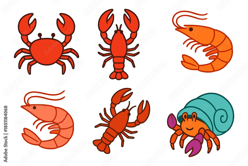 Obraz premium Colorful sea creatures collection: crabs, lobsters, shrimp, hermit crab
