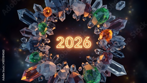 Vibrant crystal circle with glowing 2026 text