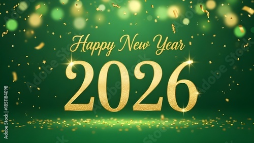 Happy new year 2026 celebration background with golden text and sparkles