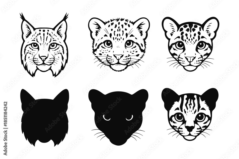 Obraz premium Wild cat faces: lynx, leopard, panther, and more - black and white silhouettes