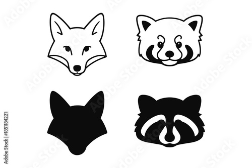 Animal face icons in black and white silhouette and outline style