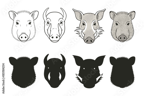 Wild animal heads: silhouette and linear styles of boar and bull illustrations