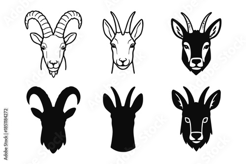 Stylized goat and antelope head silhouettes and outlines in black and white