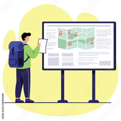 Illustrated man with a blue backpack and green shirt, holding a paper, intently observing a map on an information display board