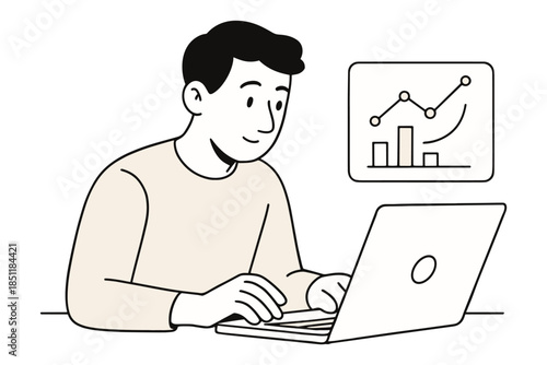 Man using laptop with analytics graphic in minimalist style