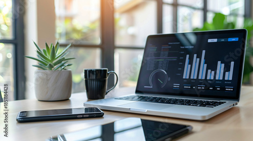 digital marketing concept, smartphone with analytics screen, laptop, modern desk setup, bright clean lighting, minimal background, copy space
