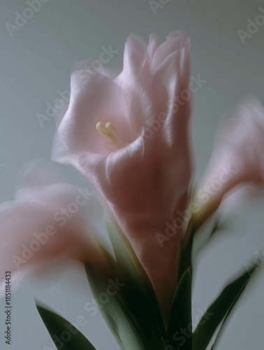 Pink Flower in Motion Blur Against White Wall – Soft Minimalist Wind Concept, Generative ai