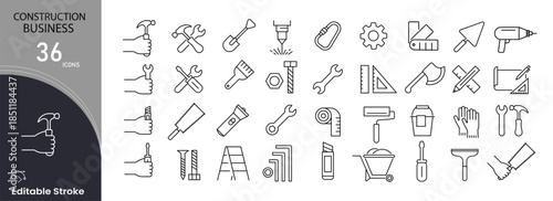 Construction business icons set. Includes icons for building projects, architecture, tools, planning, workforce, and construction management. Ideal for real estate and infrastructure visuals. 