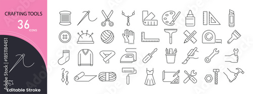 Crafting tool icons set. Includes icons for handmade tools, DIY equipment, art and craft supplies, and creative workshop elements. Perfect for creative projects and tutorials. Editable stroke.