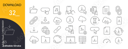 Download icons set. Includes icons for file transfer, saving data, cloud download, content access, and digital storage actions. Ideal for apps, websites, and software interfaces. Editable stroke.