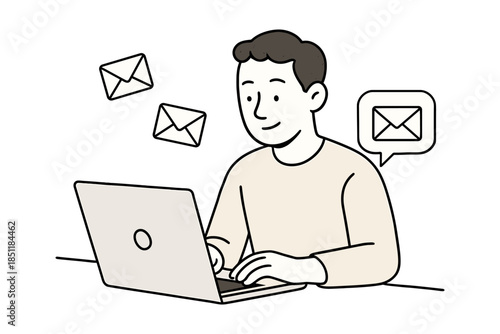 Young man engaged in sending emails on laptop with mail icons