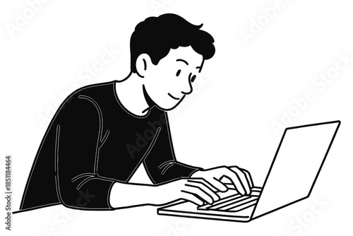 Young man typing on laptop in modern minimal line art style