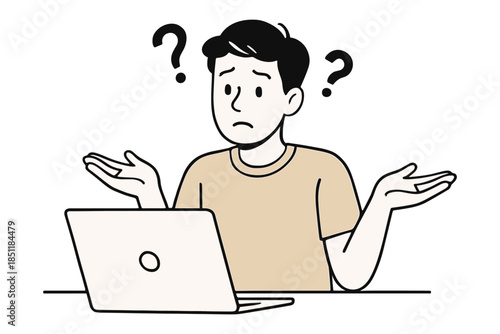 Confused man shrugging at laptop with question marks in minimalist style