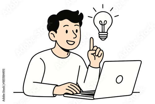 Conceptual minimalist line art of man with idea light bulb at laptop
