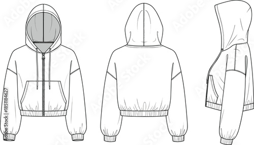 Technical hoodie jacket vector illustration front back side views apparel fashion design template isolated line art for manufacturing mockup production sewing pattern concept blueprint