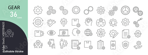 Gear icons set. Includes icons for settings, configuration, system control, tools, automation, and technical management. Ideal for software interfaces and system dashboards. Editable stroke. 