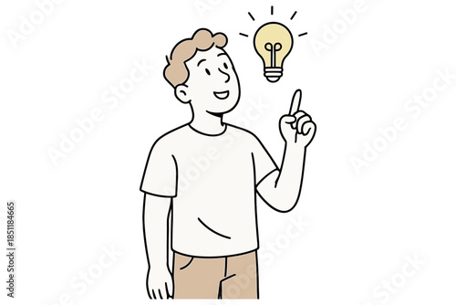 Guy illustrates idea concept with light bulb above finger in line art style