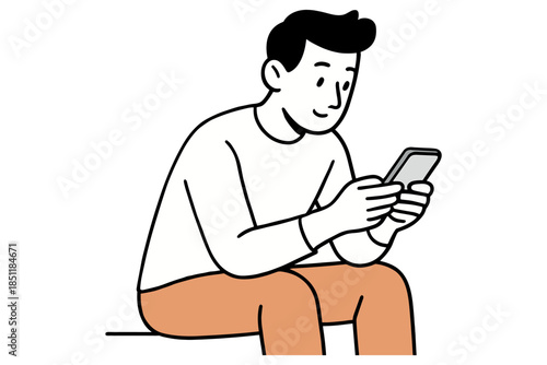 Young man engaged with smartphone in modern line art style