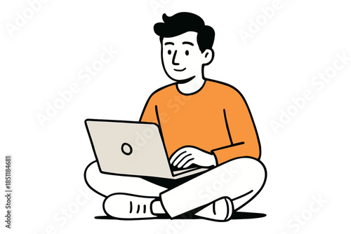 Casual young man using laptop in minimalist style