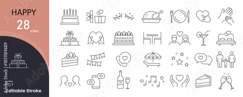Happy icons set. Includes icons for joy, smile, positivity, satisfaction, emotions, and cheerful expressions. Perfect for wellness, lifestyle, and user experience visuals. Editable stroke. 